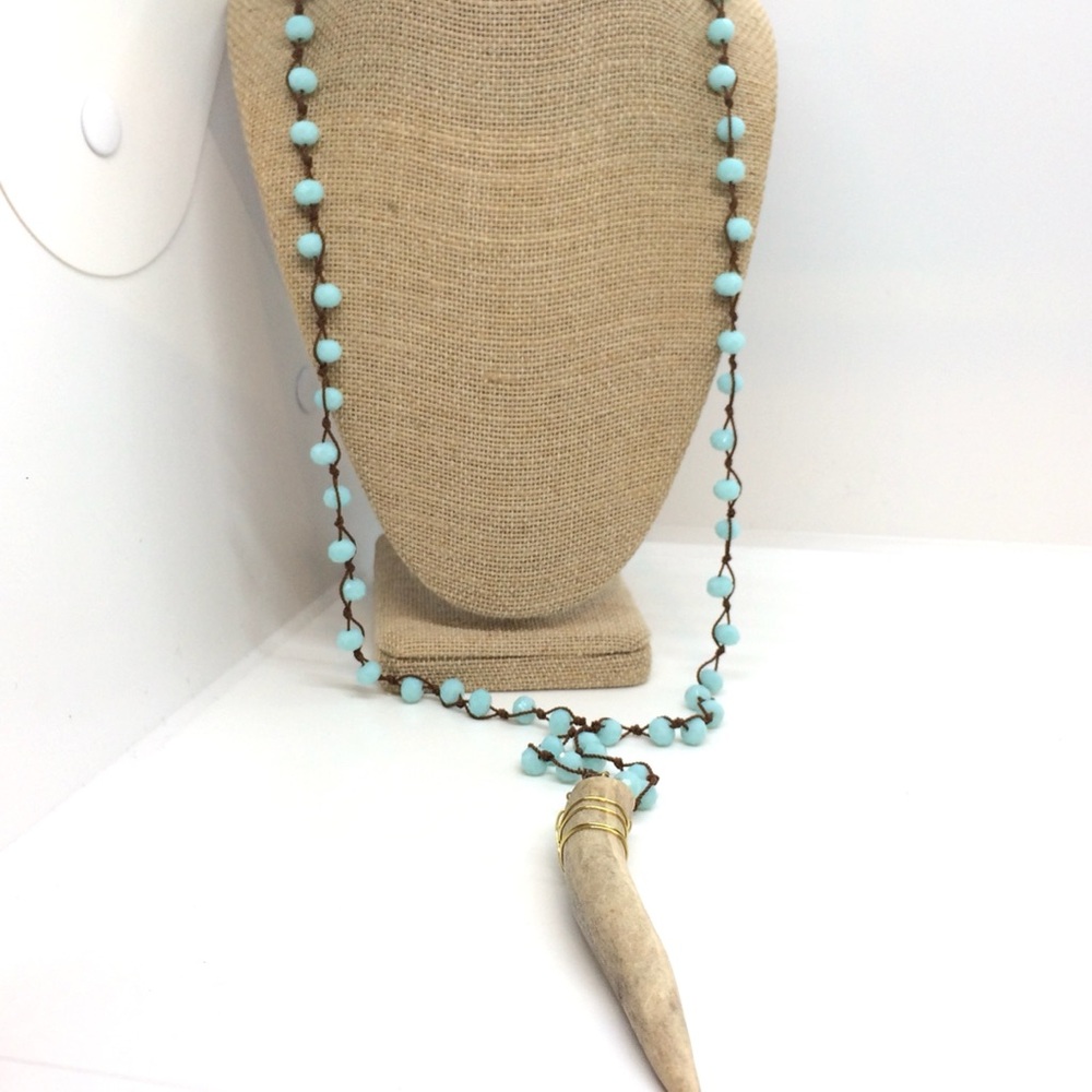 SUSAN SHAW ANTLER BLUE NECKLACE BOHO BEADS KNOTTED BROWN CORD LONG MALA STYLE